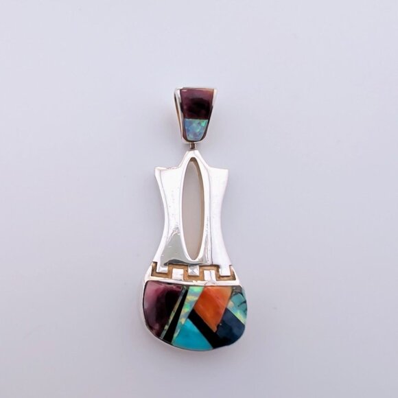 Navajo Wedding Vase Style Sterling Silver & Multicolor Inlay Pendant - Picture 6 of 10